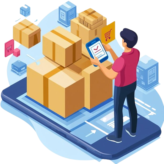 Illustration of a shopper browsing and requesting products on their phone